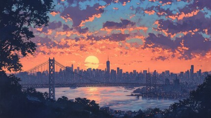 Fototapeta premium City Sunset Over Bridge and Skyline