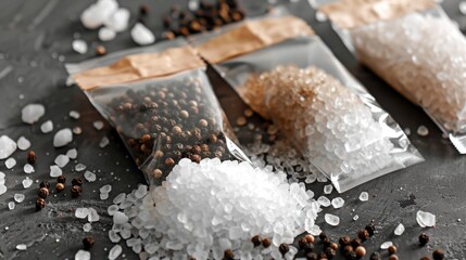 A still life image of three bags of salt placed on a table