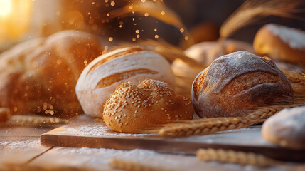 Artisan bread loaves with flour dusting in a rustic bakery setting.