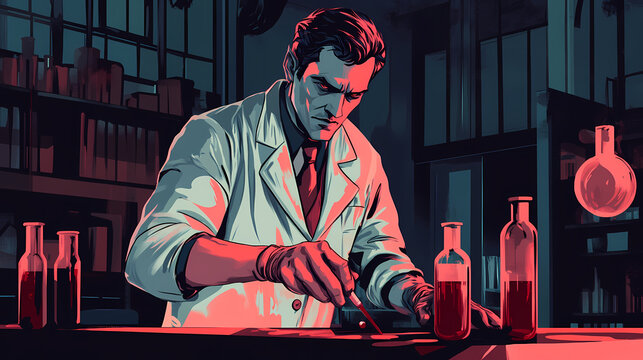 A vampire running a blood bank a professional vampire in a lab coat managing donations in a gothic themed clinic. Gothic. Illustration