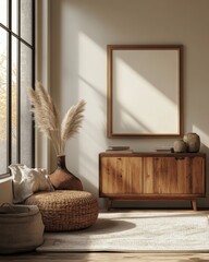 Scandinavian boho-inspired living room with natural textures and blank frame in bright light