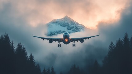 Airplane Landing at Sunset in Mountain Landscape