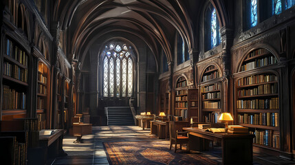 Fototapeta premium Ai generated image of a large ancient library with high gothic arches, stained glass windows, vintage wooden furniture and magical lights. Gothic. Illustration