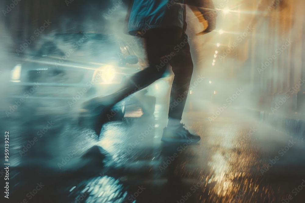 Poster a person walks through the rain with an open umbrella, staying dry and comfortable
