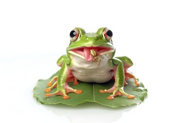 Obraz premium A green frog sits on a leaf with its mouth open, waiting for prey