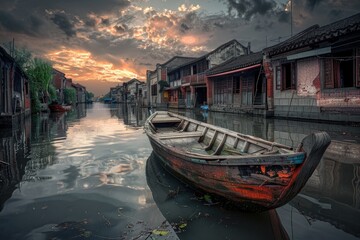 A rowboat floating on the surface of calm water, ideal for peaceful scenes or lake activities