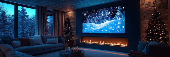 Stylish living room with a large screen displaying a snowy landscape, warm fireplace below, and a decorated Christmas tree. Perfect for a festive winter atmosphere.
