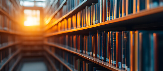 Fototapeta premium A library with many bookshelves and a sun shining through the windows