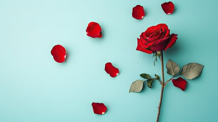A single red rose with scattered petals on a solid color background, symbolizing love and elegance in a minimalist design.