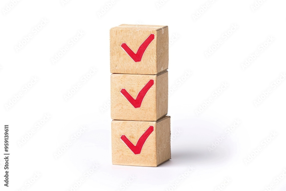 Poster Stack of wooden blocks with red tick marks for marking or highlighting, useful for DIY projects or educational purposes