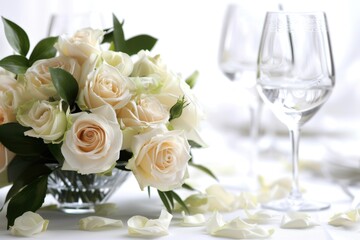 A beautiful arrangement of white roses next to a wine glass, perfect for romantic occasions or as a centerpiece