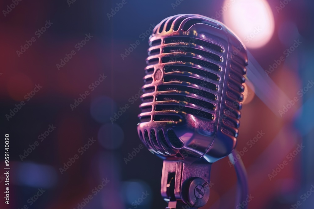 Poster a clear view of a microphone with a blurry background, perfect for music or audio-related concepts