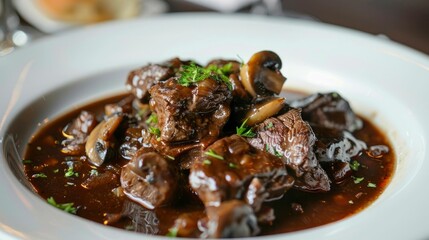 A savory and satisfying plate of beef bourguignon, with tender chunks of beef, mushrooms, and a rich, red wine sauce