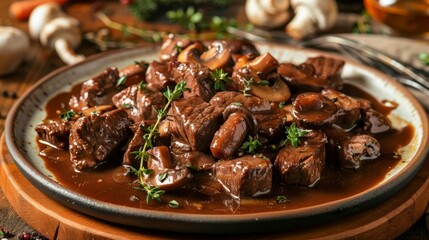 Fototapeta premium A savory and satisfying plate of beef bourguignon, with tender chunks of beef, mushrooms, and a rich, red wine sauce