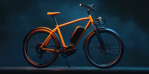 Fototapeta premium An orange electric bike stands out against a dark background, ready for a ride