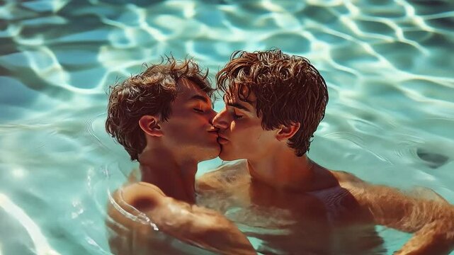 A gay couple unwinding in the pool. Gay. Two young males sharing a hug and kissing