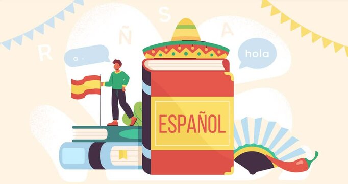 Online learning of Spanish language. Moving banner with male student standing next to spanish dictionary book, sombrero and cacti. Education with native speaker. Cartoon flat animated graphics