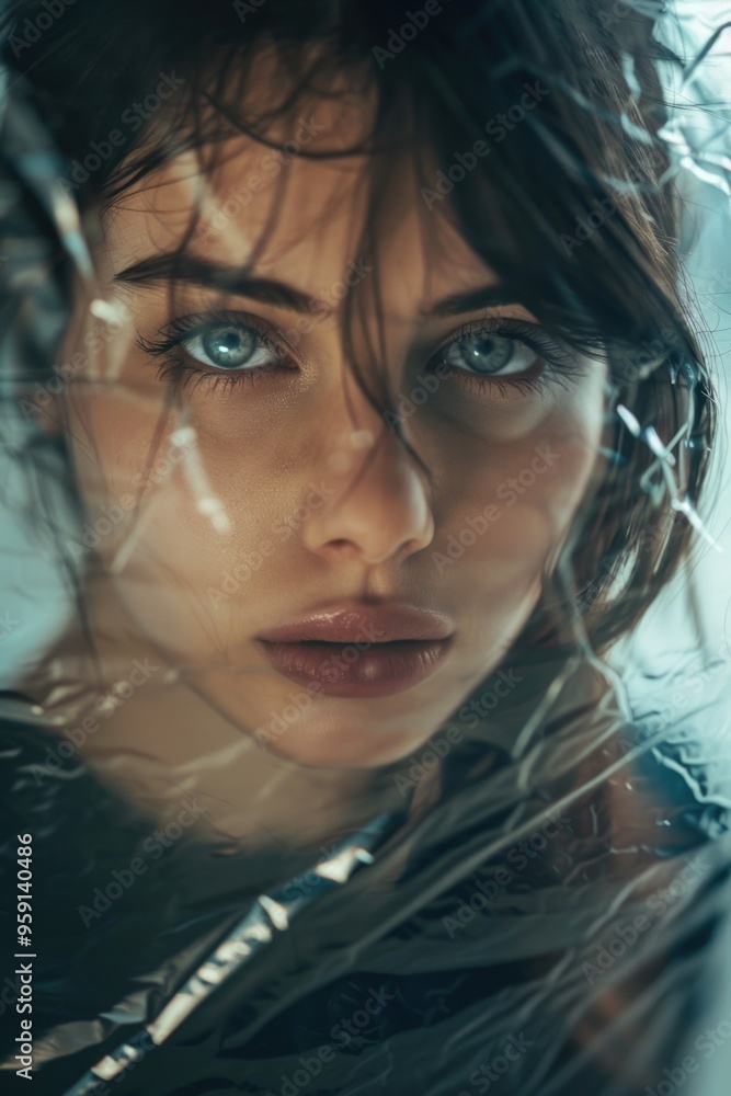 Poster a close-up view of a woman's face partially hidden by a transparent plastic sheet, with subtle light
