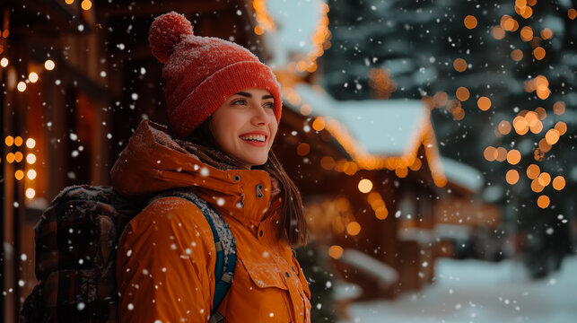 woman in winter attire with a red hat in the snow during christmas in the cold mountains