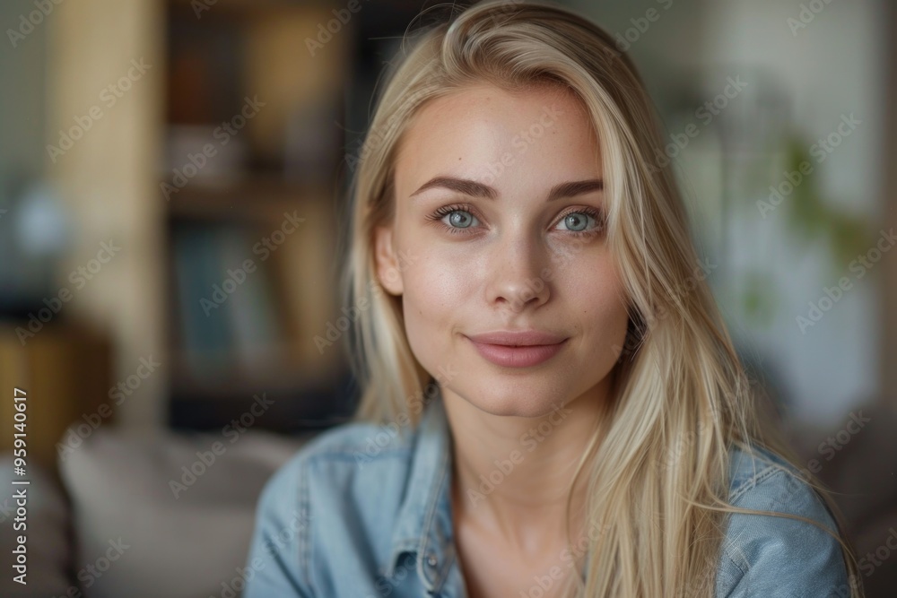 Wall mural Portrait of a female with long blonde hair and blue eyes