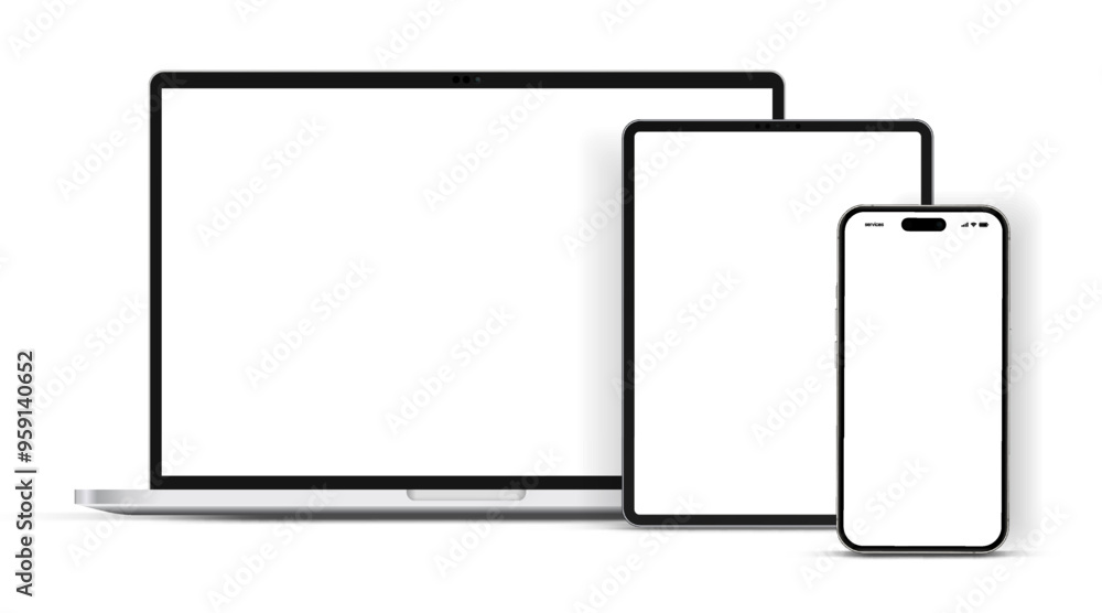 Fototapete Modern laptop mockup front view and high quality smartphone and tablet mockup isolated on white background. Notebook mockup and phone device mockup for ui ux app and website presentation.Stock Vector.