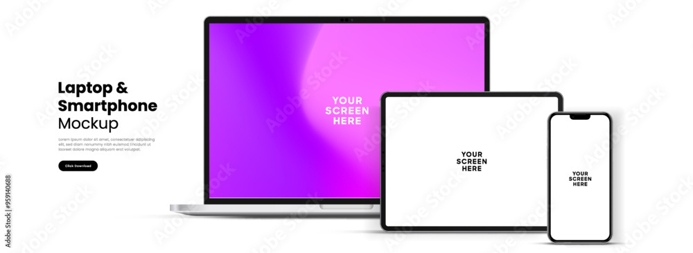 Aufkleber Modern laptop mockup front view and high quality smartphone and tablet mockup isolated on white background. Notebook mockup and phone device mockup for ui ux app and website presentation.Stock Vector.