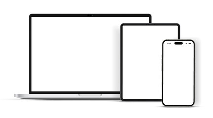 Modern laptop mockup front view and high quality smartphone and tablet mockup isolated on white background. Notebook mockup and phone device mockup for ui ux app and website presentation.Stock Vector.
