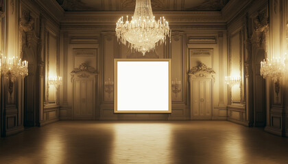 Classic museum style setting with a large blank frame for your text, with an elegant, vintage chandelier