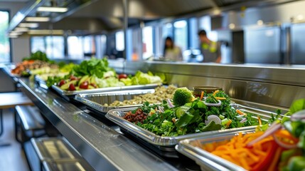 Obraz premium A school cafeteria with healthy lunch options displayed on trays.