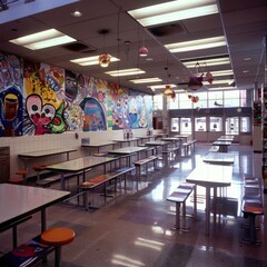 A school cafeteria with students' artwork displayed on the walls.