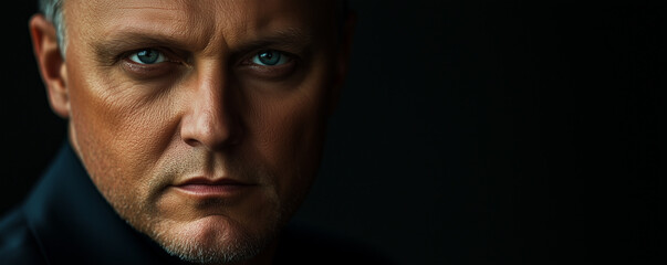Fototapeta premium A sophisticated banner featuring a confident middle-aged man looking directly at the camera. A dark, elegant background. Ideal for professional services, luxury goods, or automotive ads.