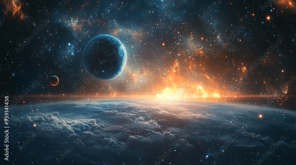 Wall mural Stunning Cosmic Landscape with Planets and Fiery Explosion