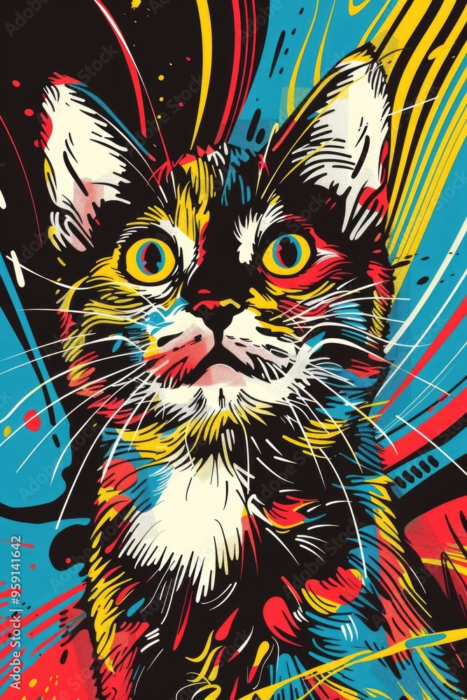 Poster A playful cat sits in front of a vibrant colored background, perfect for adding a pop of color to any design