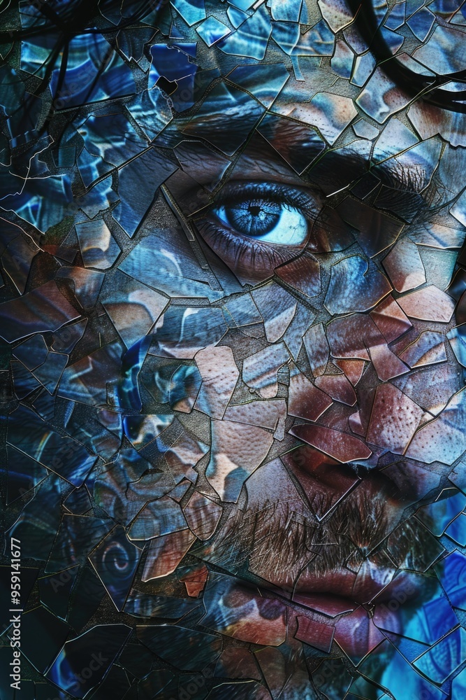 Poster close-up shot of a man's face with shards of broken glass, suitable for crime scene or accident conc