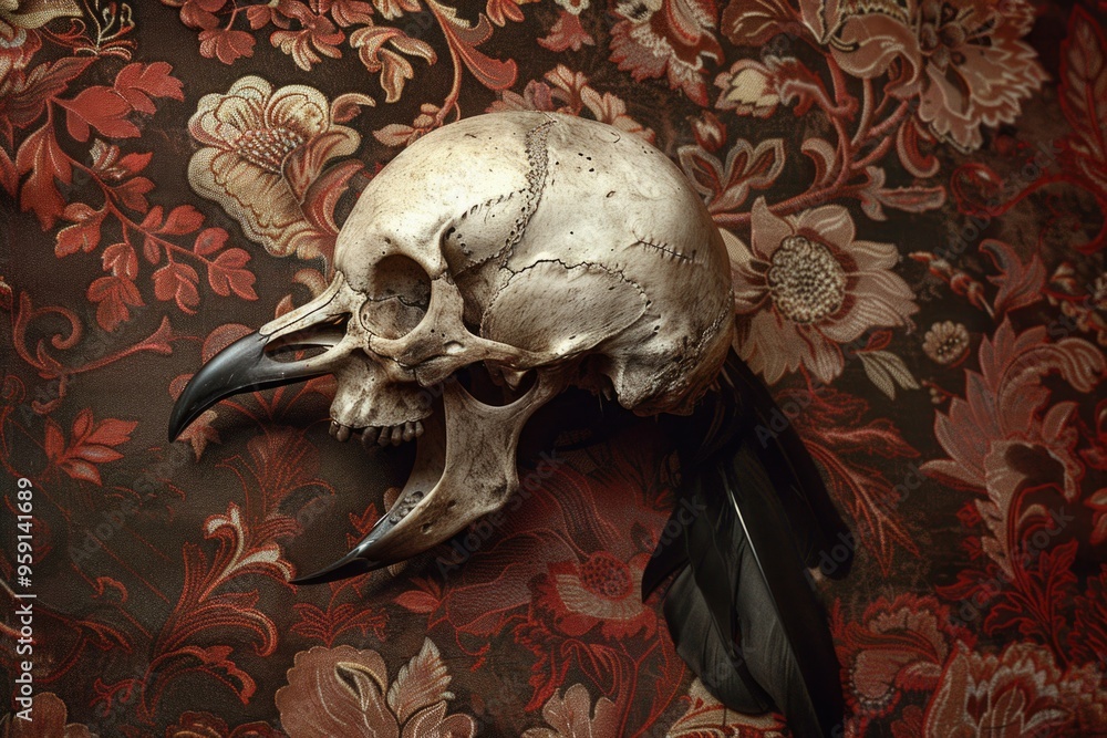 Poster a skeleton face with a bird's beak attached to a floral patterned background