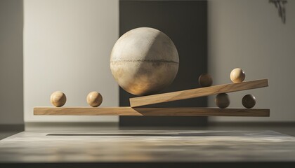 A Large Stone Sphere Balancing Wooden Spheres on a Tilted Plank
