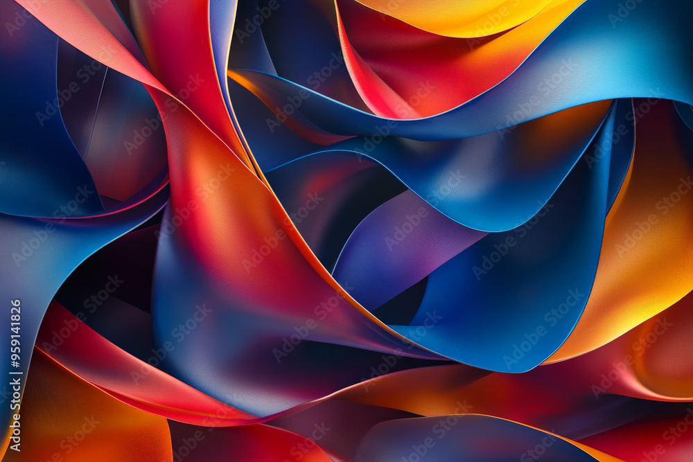 Poster a dynamic 3d design with multicolored twisted ribbons in shades of blue, red, and yellow. the ribbon