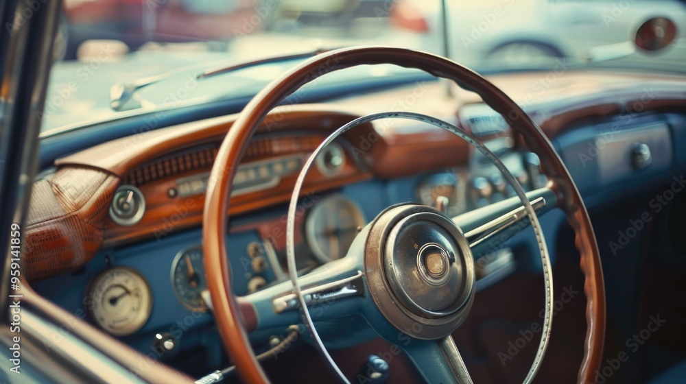Poster a close-up view of a car's dashboard and steering wheel