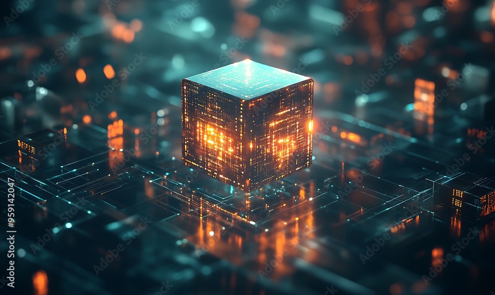 Poster glowing cube with circuitry on a futuristic surface