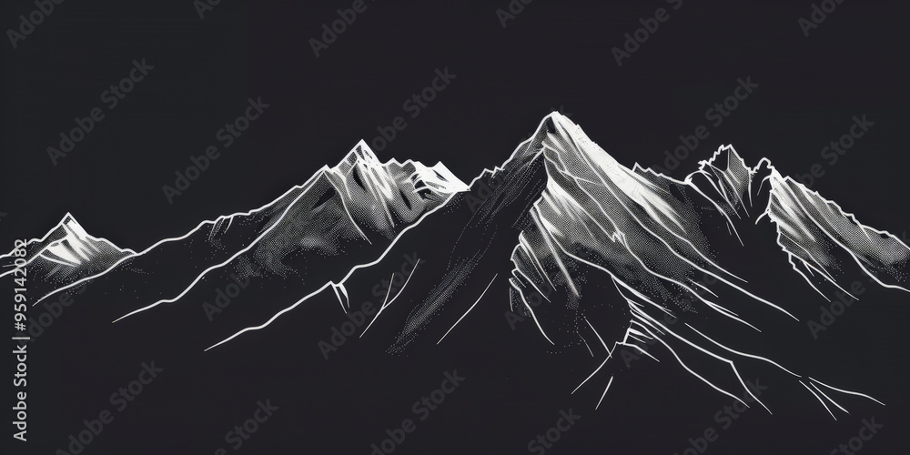 Poster a simple white line drawing on a black background of a mountain range with sharp peaks. the minimali