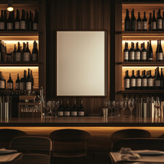 Wine bar in a restaurant interior, with a large white blank mockup frame