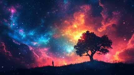 Fototapeta premium Person Stands Under Tree Against Stunning Cosmic Night Sky