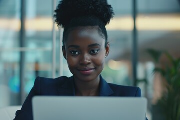 A woman sits in front of a laptop computer, focused on her work