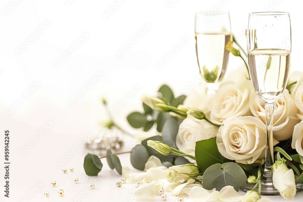 Poster A bouquet of white roses and two glasses of champagne, perfect for romantic occasions