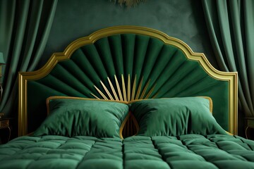 Green Velvet Headboard with Golden Geometric Detailing - AI Generated