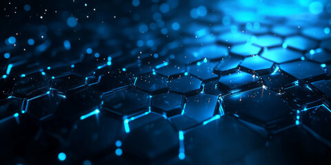 Obraz premium Futuristic web design backdrop with a black, glossy background and glowing, blue hexagonal patterns. The design is sleek and dynamic, perfect for tech-related content or cybersecurity themes.