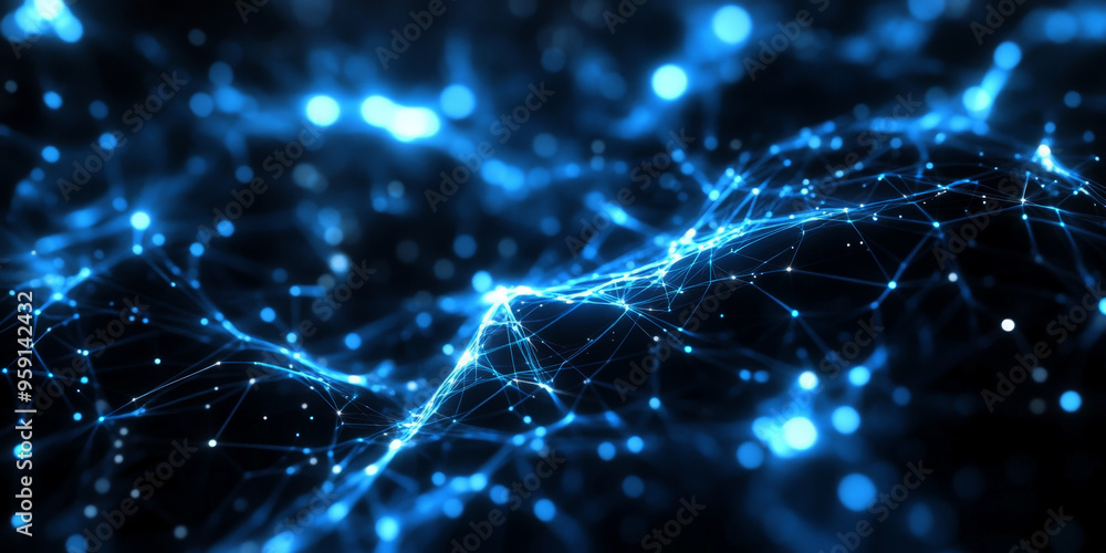 Poster futuristic web design backdrop with a black, glossy background and glowing, blue lines forming an ab