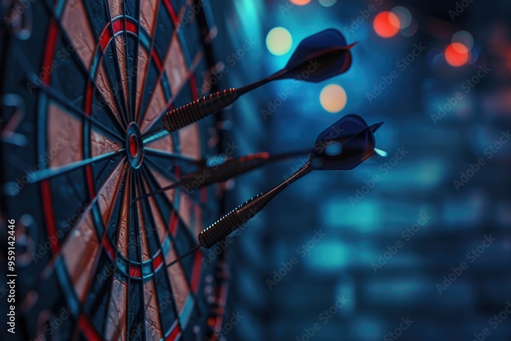 Poster a detailed shot of three darts stuck in a wall, ideal for use in sports-related or bar-themed contex