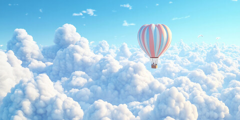 Fototapeta premium A 3D cartoon-style cloudscape with fluffy white clouds floating in a bright blue sky, and a small, colorful hot air balloon drifting lazily by. The scene is peaceful and serene, with soft, gentle