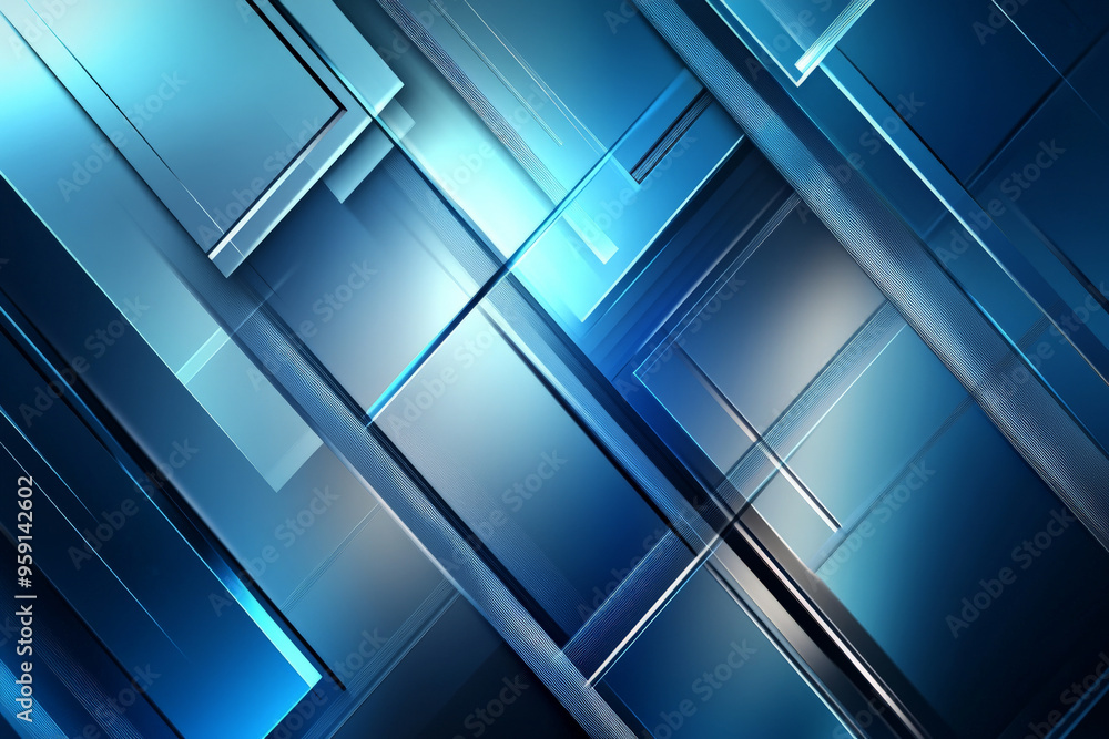 Poster a sleek abstract background with glowing geometric shapes and smooth gradients in blue and silver. t